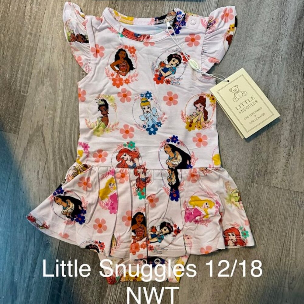 Little Snuggles Princess Print, Bodysuit Dress with headband bow12/18